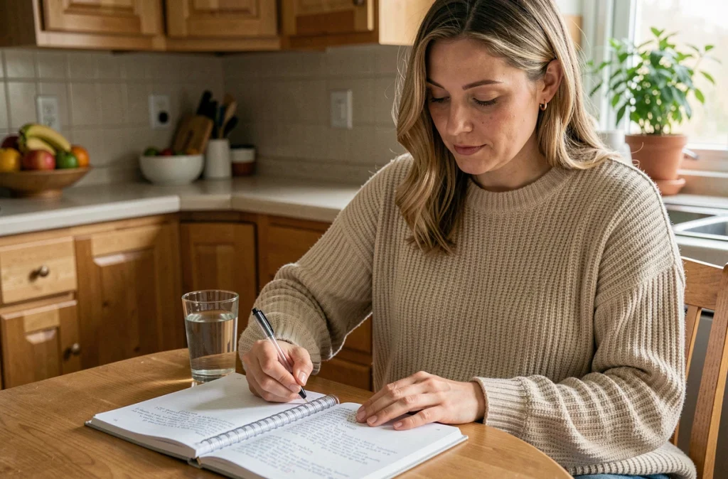 Femme enceinte assise à la table de cuisine, notant le rythme de ses contractions dans un journal de grossesse pour suivre les signes du travail