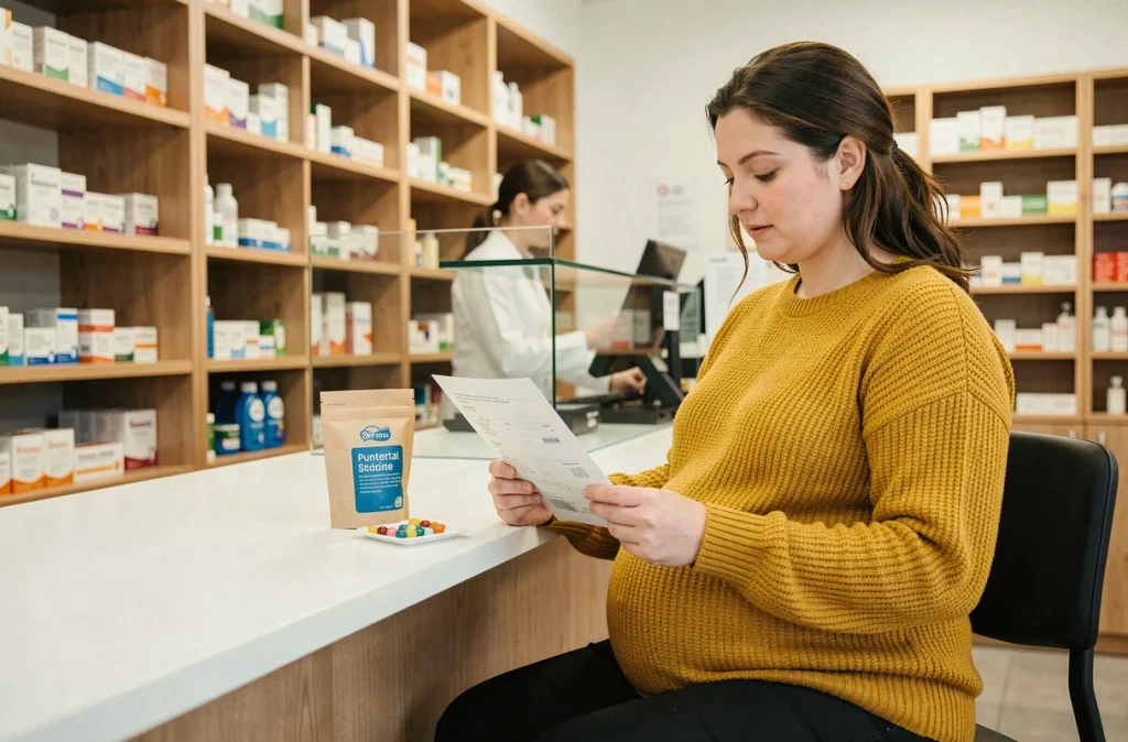 Femme enceinte consultant une ordonnance de suivi prénatal à la pharmacie au premier trimestre