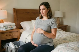 Femme enceinte assise sur le bord d'un lit, les mains sur le ventre, reconnaissant les premiers signes du travail d'accouchement