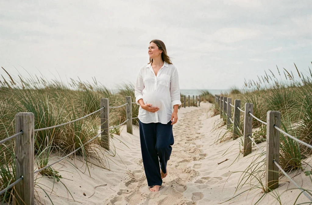 Femme enceinte se promenant pieds nus sur un sentier côtier en bord de mer, marche bénéfique durant la grossesse