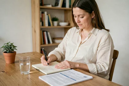 Femme enceinte qui rédige son plan de naissance à la table de sa cuisine, entourée de documents médicaux