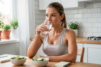 Femme sportive buvant un grand verre d'eau après l'entraînement dans une cuisine moderne, illustrant l'hydratation pour la perte de poids