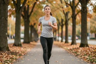 Femme en tenue de sport marchant rapidement dans un parc en automne pour perdre du poids
