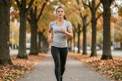 Femme en tenue de sport marchant rapidement dans un parc en automne pour perdre du poids