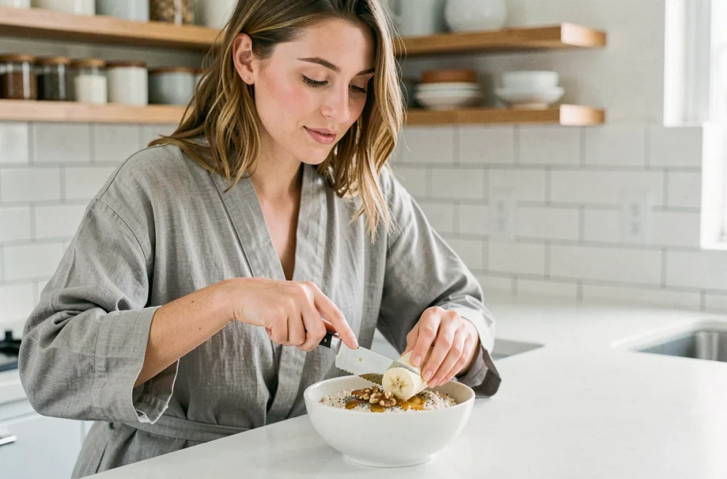 Femme préparant un bol de flocons d'avoine avec banane, graines de chia et noix pour un petit-déjeuner minceur
