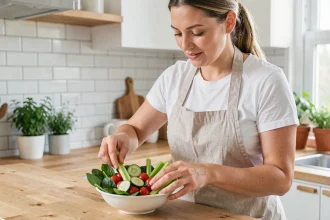 Femme préparant un grand bol de légumes faibles en calories dans une cuisine moderne pour favoriser la perte de poids