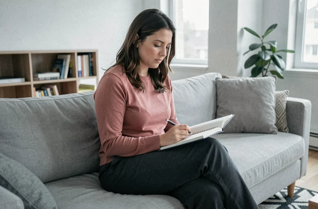 Femme seule sur un canapé, prenant des notes dans un carnet pour réfléchir à ses relations de couple