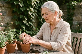 Femme retraitée souriante qui jardine dans son potager, illustration d'une retraite active et épanouissante