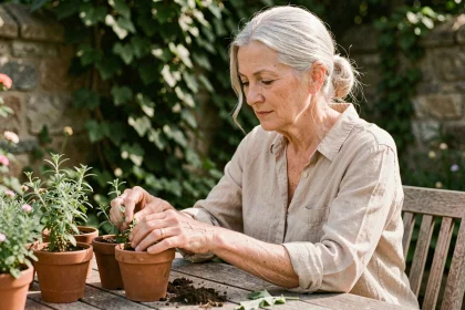 Femme retraitée souriante qui jardine dans son potager, illustration d'une retraite active et épanouissante