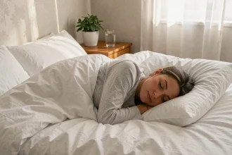 Femme dormant paisiblement dans un lit blanc bien fait, illustrant l'importance du sommeil dans un programme minceur