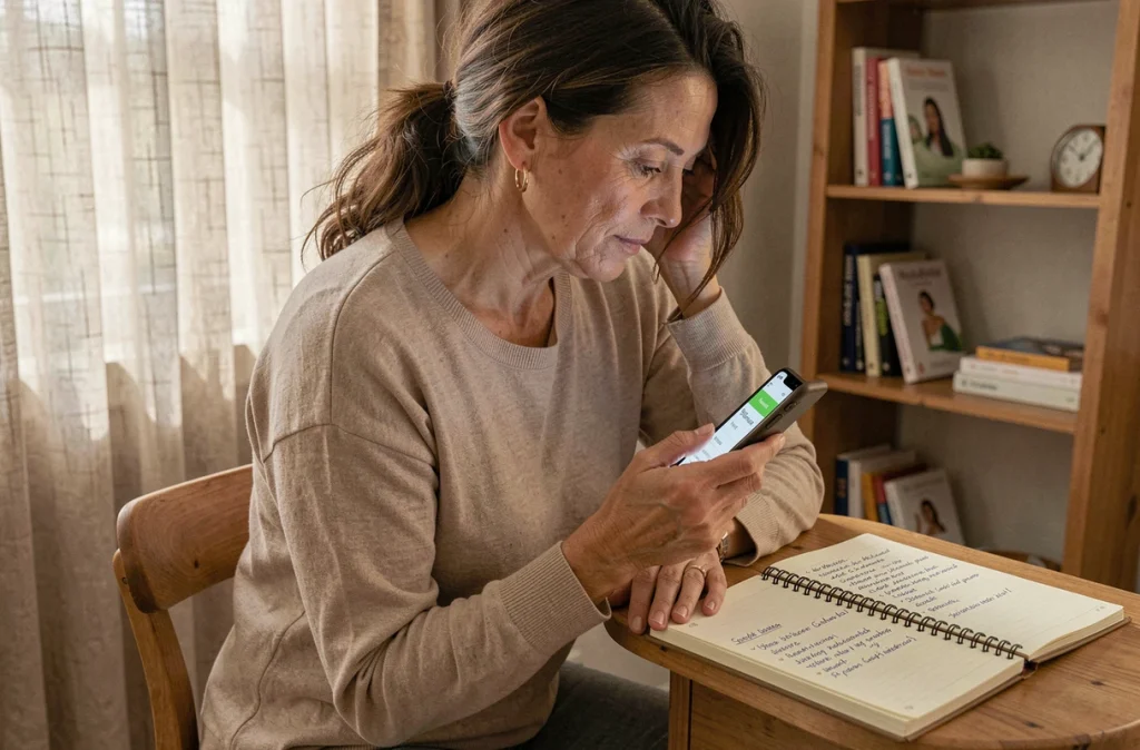 Femme consultant une application de suivi du sommeil dans sa chambre, intégrant le repos dans sa stratégie de perte de poids