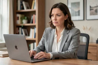 Femme en consultation médicale à distance sur ordinateur portable, illustrant les enjeux de confidentialité des téléconsultations