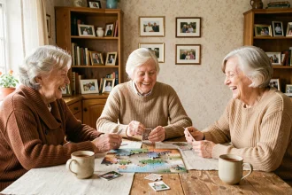 Trois femmes âgées riant ensemble autour d'une table en bois lors d'une partie de cartes, illustrant l'importance du lien social pour la santé cognitive