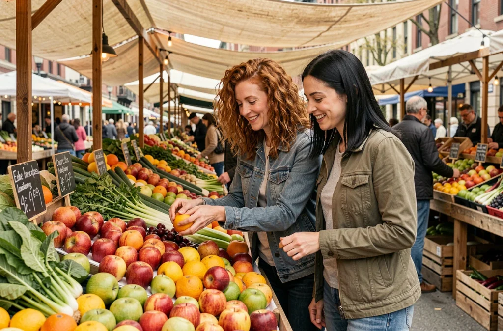 Deux femmes choisissant des fruits et légumes frais sur un marché local pour adopter une alimentation équilibrée et perdre du poids sans frustration