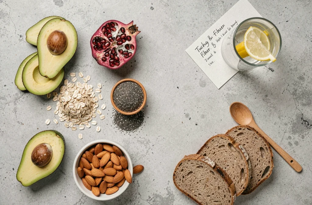 Flat-lay d'aliments riches en fibres alimentaires incluant avocat, grenade, flocons d'avoine, graines de chia et pain complet sur surface en béton gris