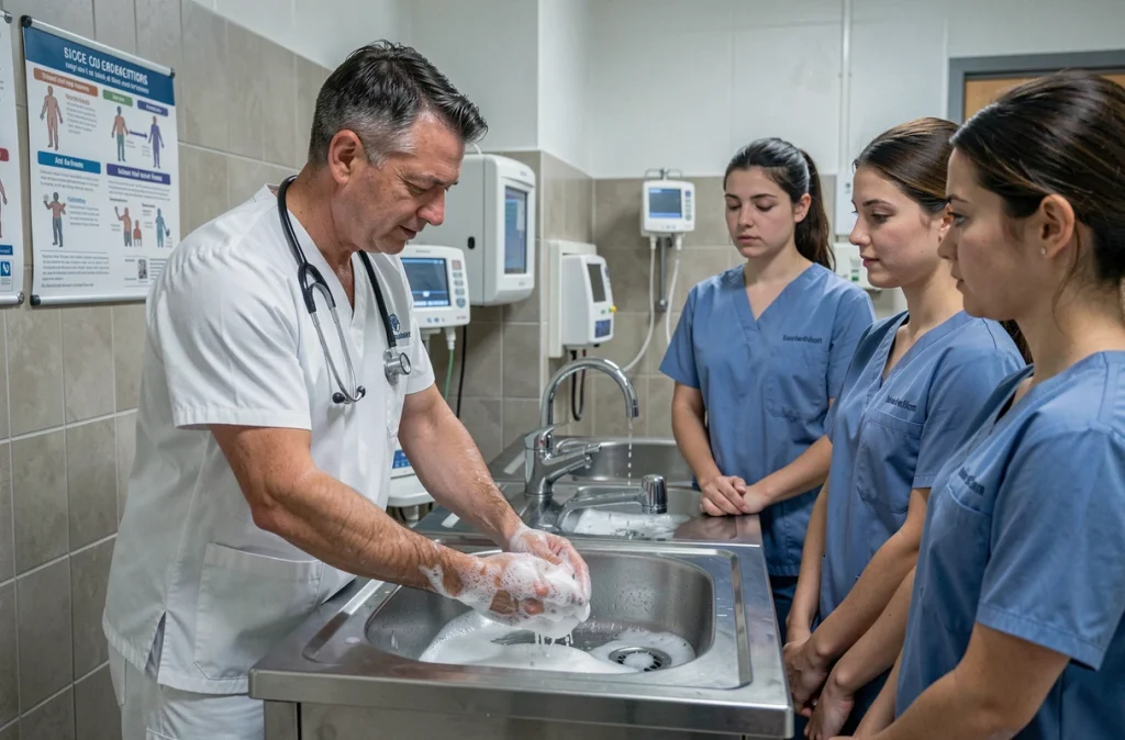 Formateur soignant démontrant une technique de lavage des mains à des stagiaires en milieu hospitalier