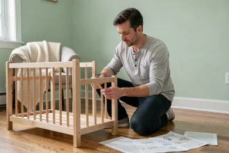 Un futur père assemble un berceau en bois dans une chambre de bébé prête à accueillir le nouveau-né