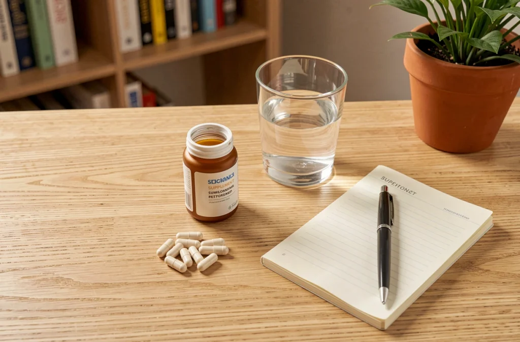 Complément alimentaire Glucovit posé sur un bureau avec un glucomètre et un verre d'eau pour la régulation du sucre