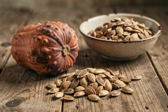 Graines de potimarron séchées sur une table en bois à côté d'un potimarron entier, illustrant les risques potentiels d'intoxication alimentaire