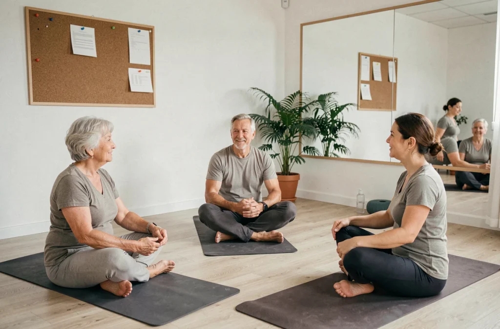 Groupe de seniors participant à un cours d'activité physique adaptée animé par un instructeur pour favoriser leur autonomie et mobilité