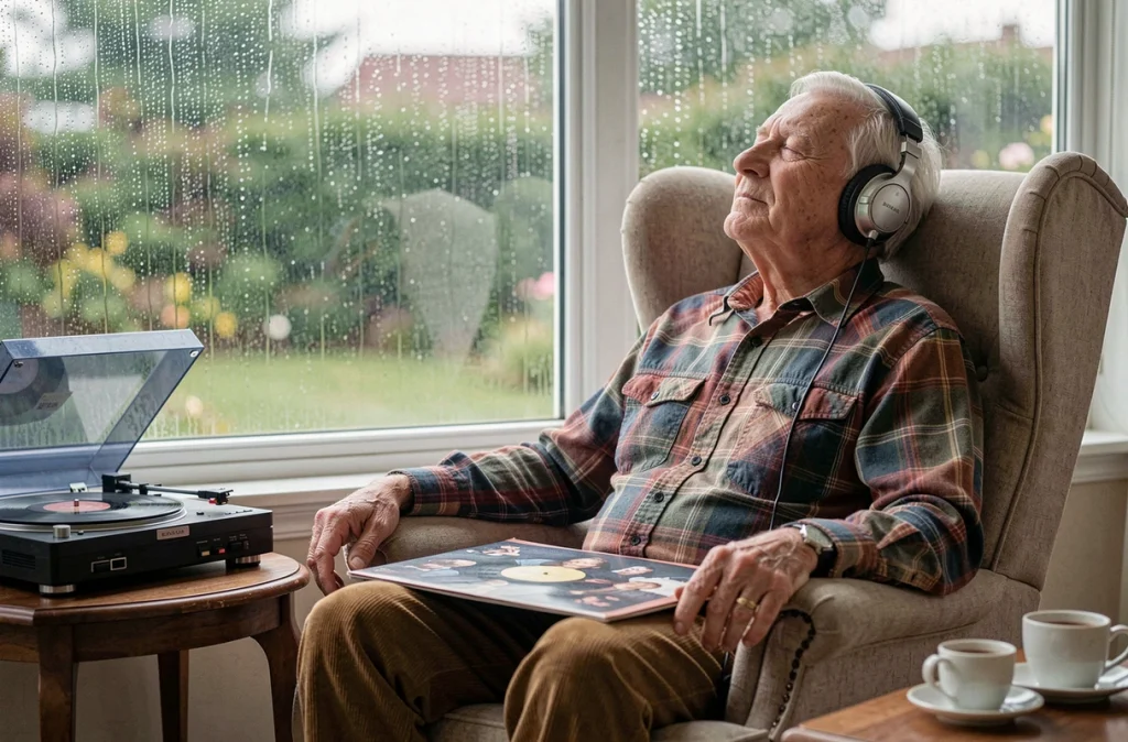 Homme âgé écoutant de la musique au casque près d'une fenêtre sous la pluie, moment de méditation et de stimulation mémorielle
