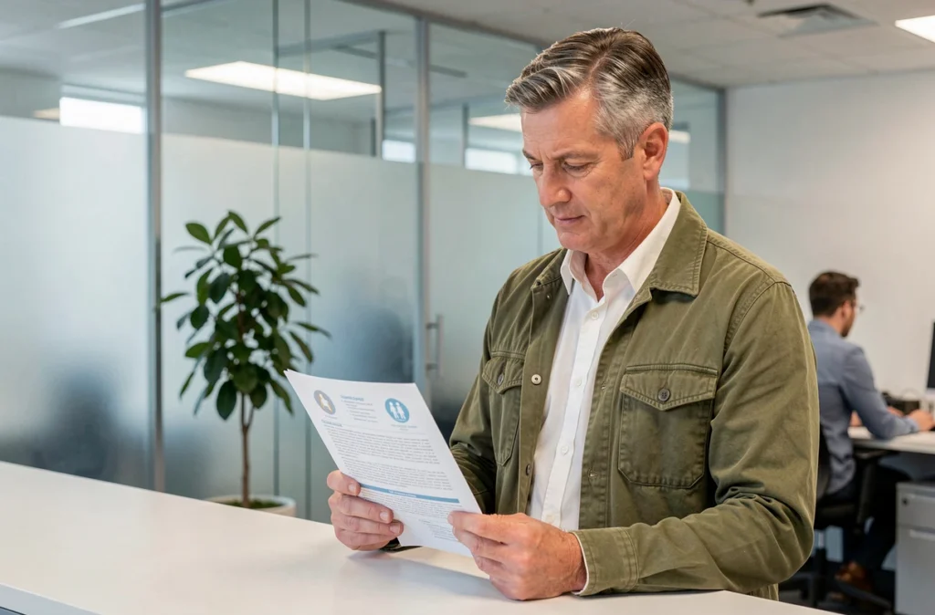 Homme lisant une brochure d'assurance tout-en-un pour la famille dans une agence d'assurance moderne