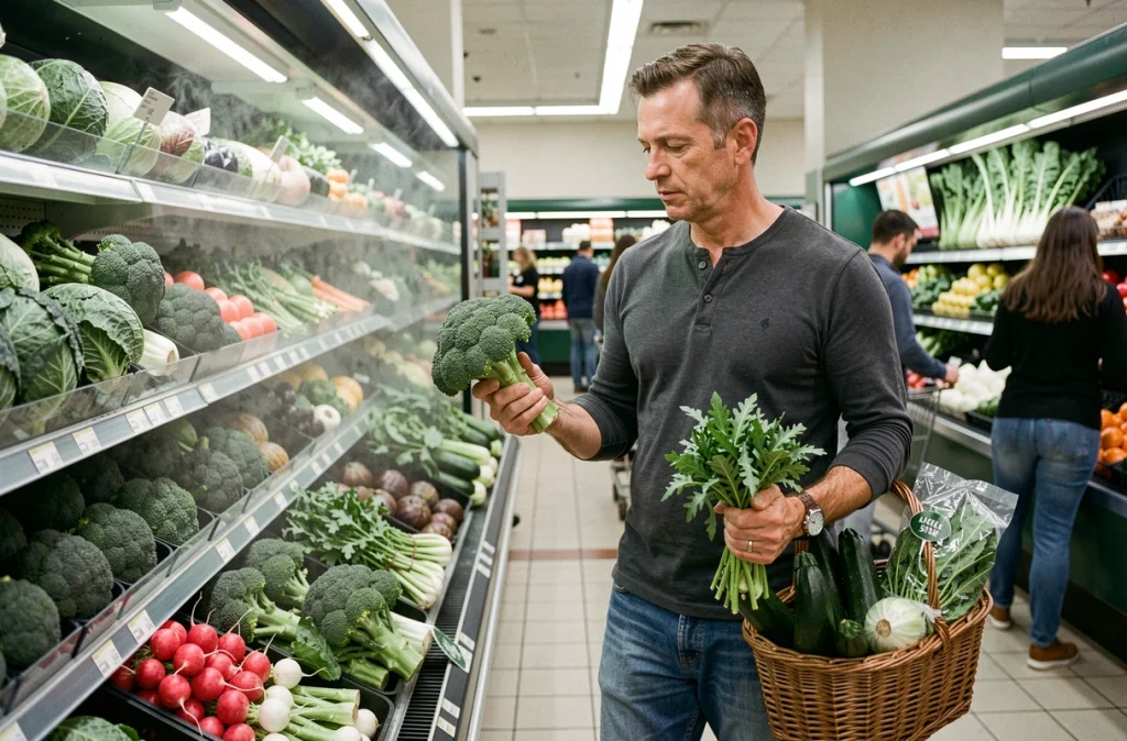 Homme choisissant des légumes faibles en calories comme le brocoli au rayon fruits et légumes d'un supermarché