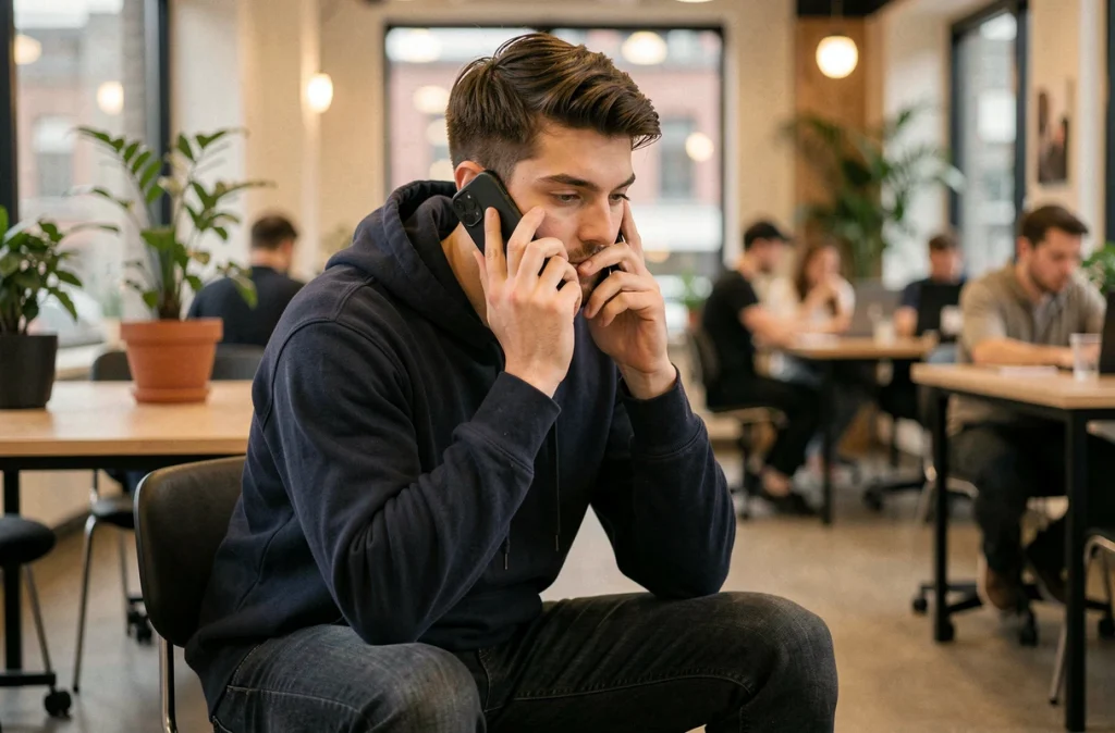 Jeune homme en consultation à distance dans un espace partagé, illustrant le manque de confidentialité dans les lieux publics