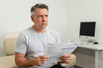 Homme d'âge mûr en consultation médicale tenant un formulaire, illustrant l'inquiétude face à des symptômes urinaires inexpliqués