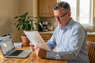 Homme consultant son contrat d'assurance ECA à domicile avec des documents imprimés et un ordinateur portable