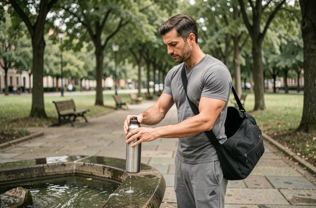 Homme remplissant sa gourde réutilisable dans un parc urbain après le sport, symbolisant l'hydratation quotidienne dans un programme minceur