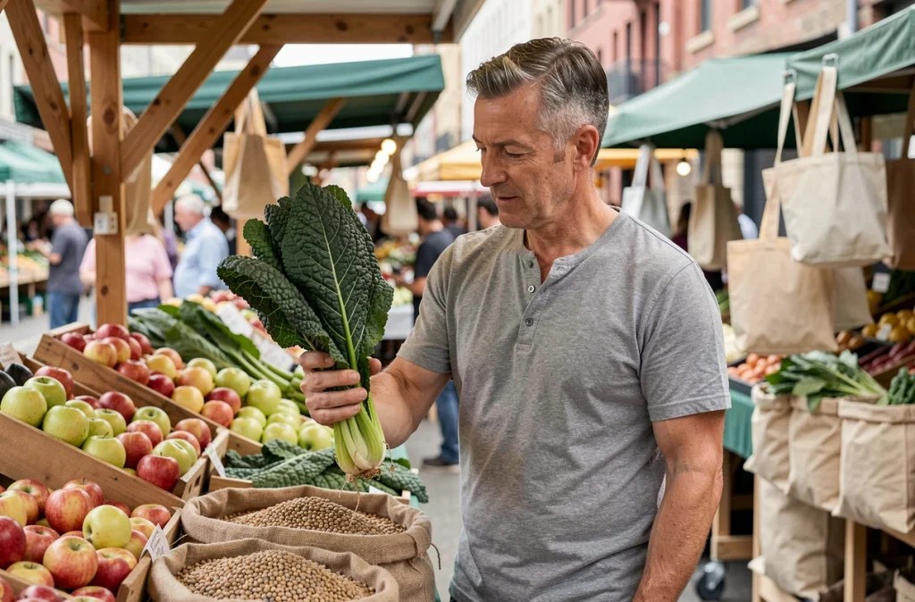 Homme au marché fermier inspectant des légumes verts feuilletés et des aliments riches en fibres comme les légumineuses et les pommes