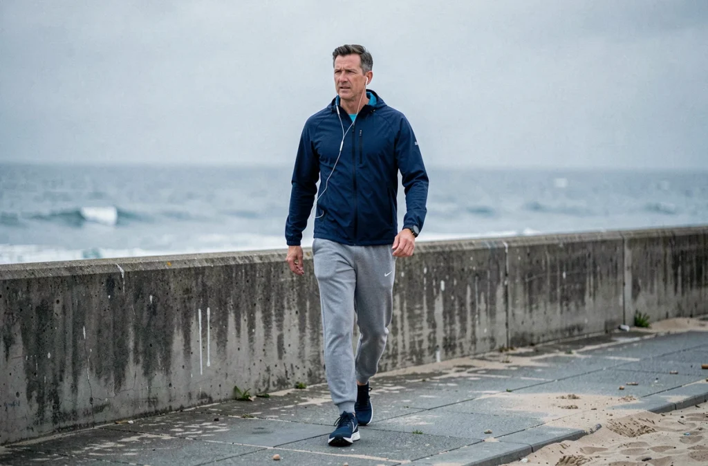 Homme marchant rapidement sur un bord de mer le matin pour favoriser la perte de poids