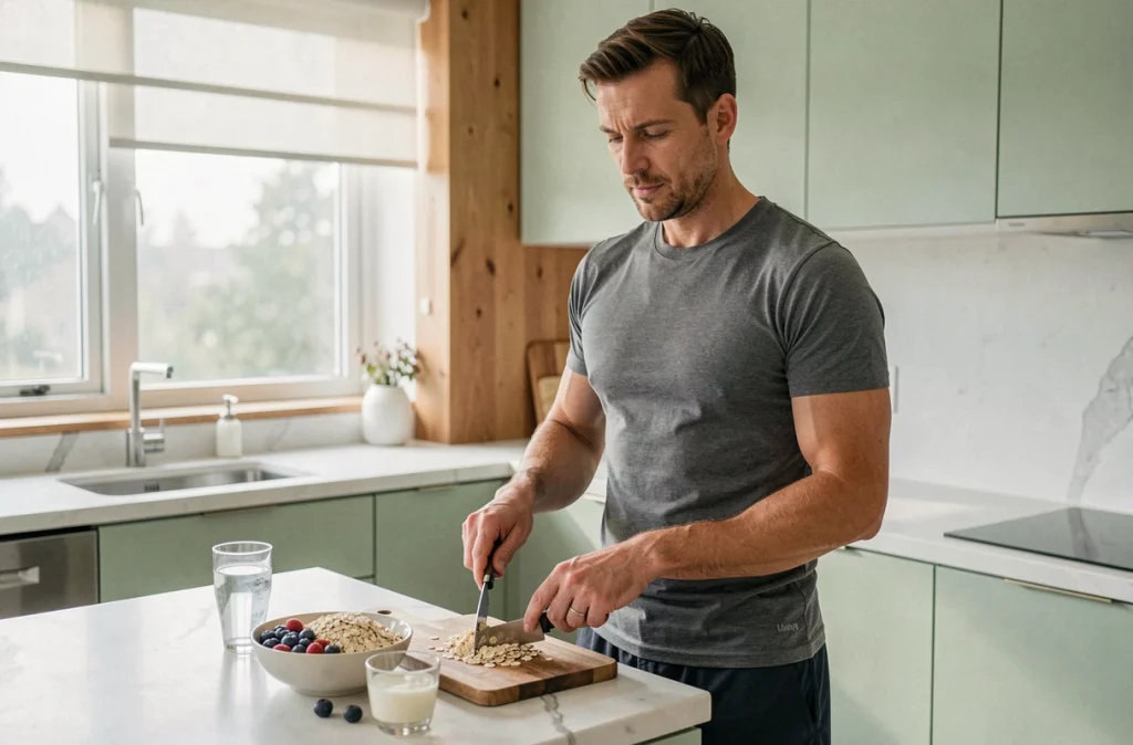 Homme en bonne forme préparant un petit-déjeuner sain le matin après une bonne nuit de sommeil pour soutenir sa perte de poids