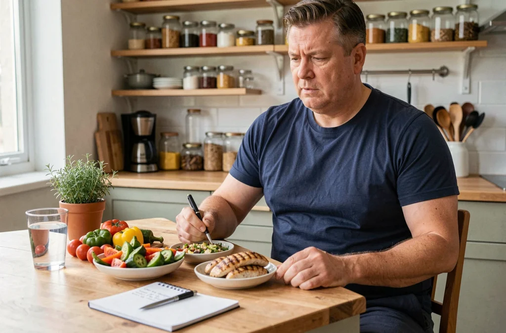 Homme préparant un plan alimentaire sain à la cuisine pour perdre du ventre rapidement en une semaine