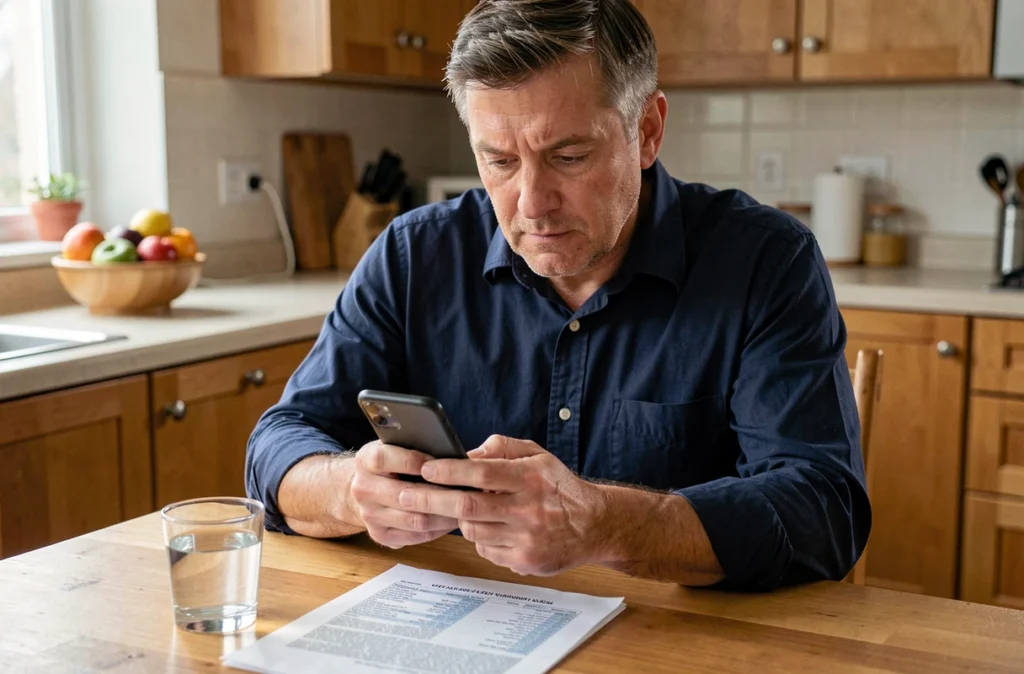 Homme consultant des résultats d'analyses médicales sur son téléphone à la maison, cherchant à comprendre un taux de GGT élevé
