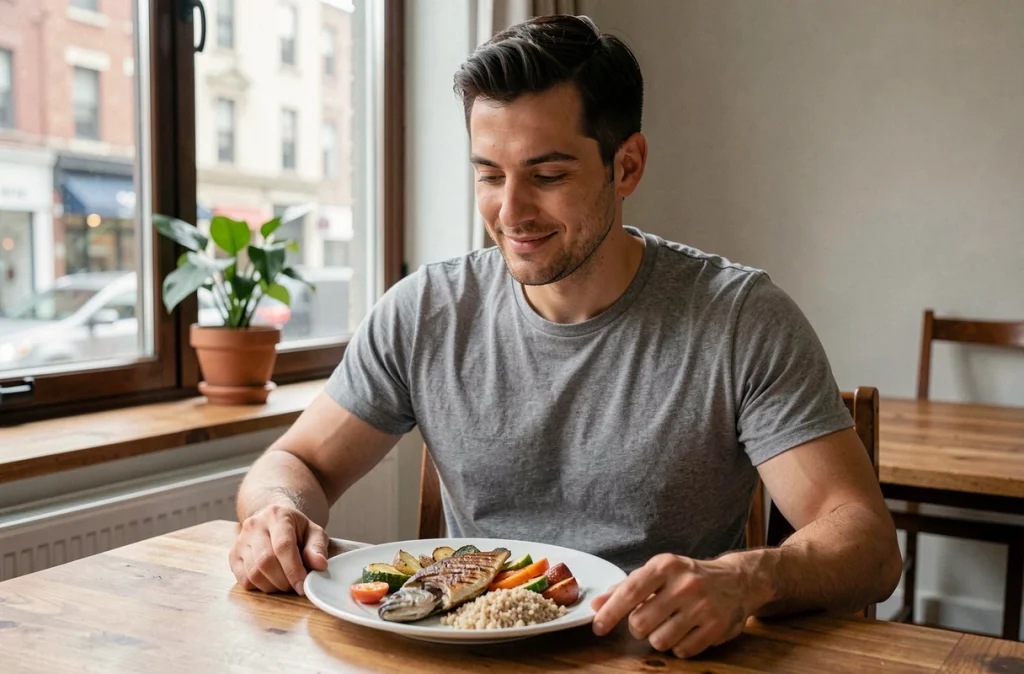 Homme dégustant un repas équilibré à base de poisson et légumes rôtis dans un appartement cosy, illustrant une alimentation saine sans régime strict