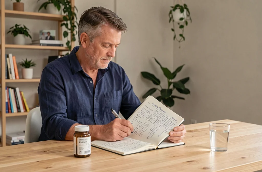 Homme consultant un journal de suivi de cure minceur avec un complément alimentaire sur son bureau