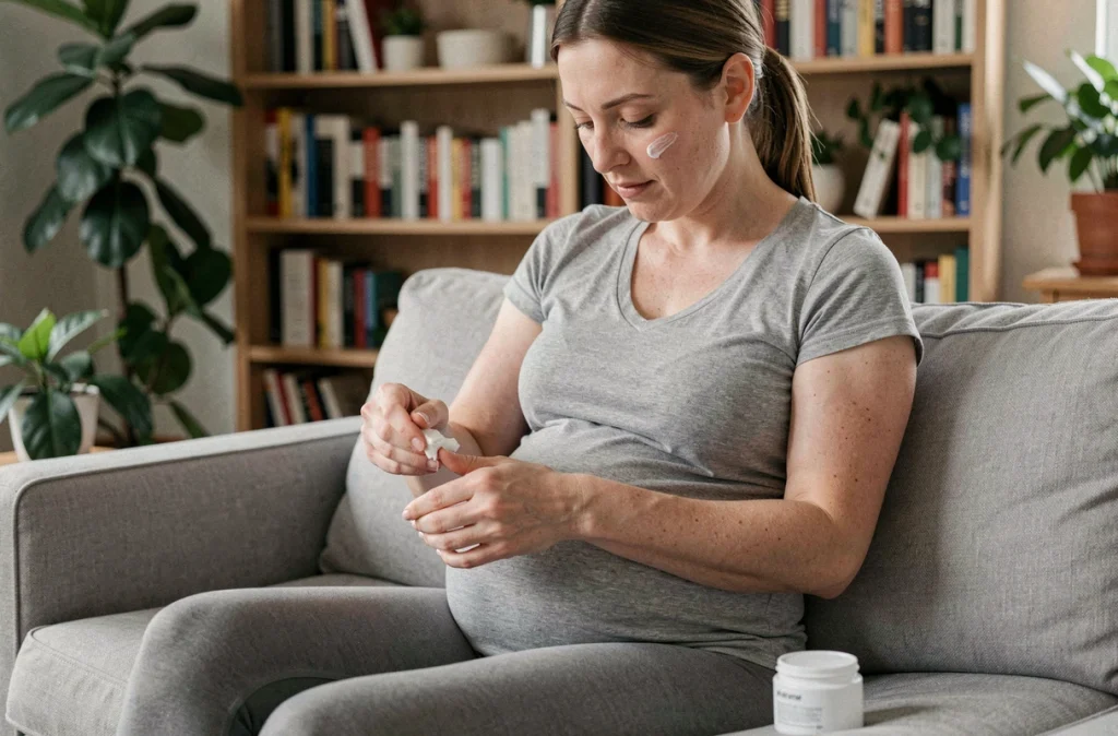 Femme enceinte hydratant sa peau sèche avec une crème pour soulager les démangeaisons et les changements cutanés de la grossesse