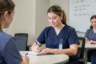 Infirmière en formation prenant des notes dans une salle de cours médicale moderne