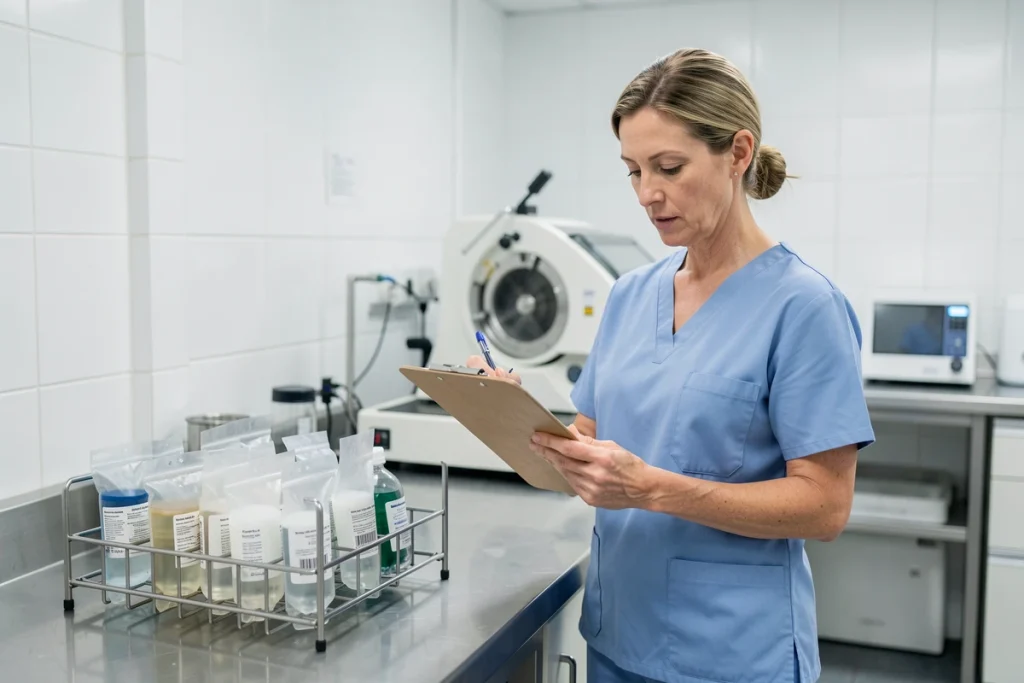 Infirmière en laboratoire médical analysant des échantillons d'urine, dans le cadre d'un bilan urologique clinique
