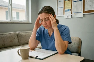 Infirmière épuisée assise dans une salle de pause hospitalière, les mains sur les tempes, illustrant la gestion du stress en milieu hospitalier