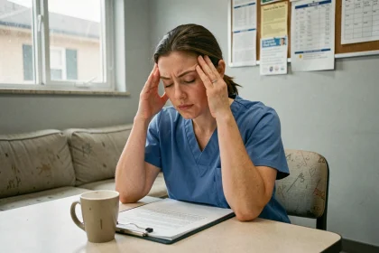 Infirmière épuisée assise dans une salle de pause hospitalière, les mains sur les tempes, illustrant la gestion du stress en milieu hospitalier