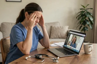 Infirmière en télétravail rubbing ses tempes devant un ordinateur portable, illustrant le stress et la fatigue mentale des soignants à domicile