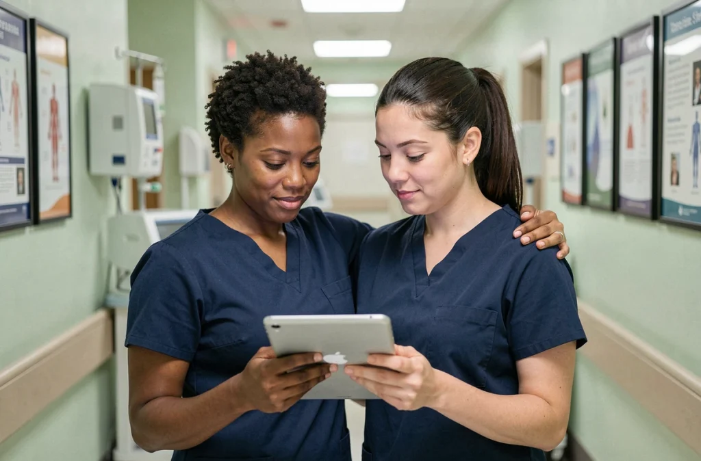 Deux infirmières se soutenant mutuellement dans un couloir d'hôpital, symbolisant l'entraide entre professionnels de santé