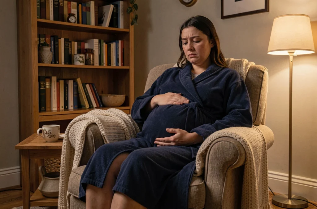 Femme enceinte insomniaque assise dans un fauteuil la nuit avec une tisane, troisième trimestre de grossesse
