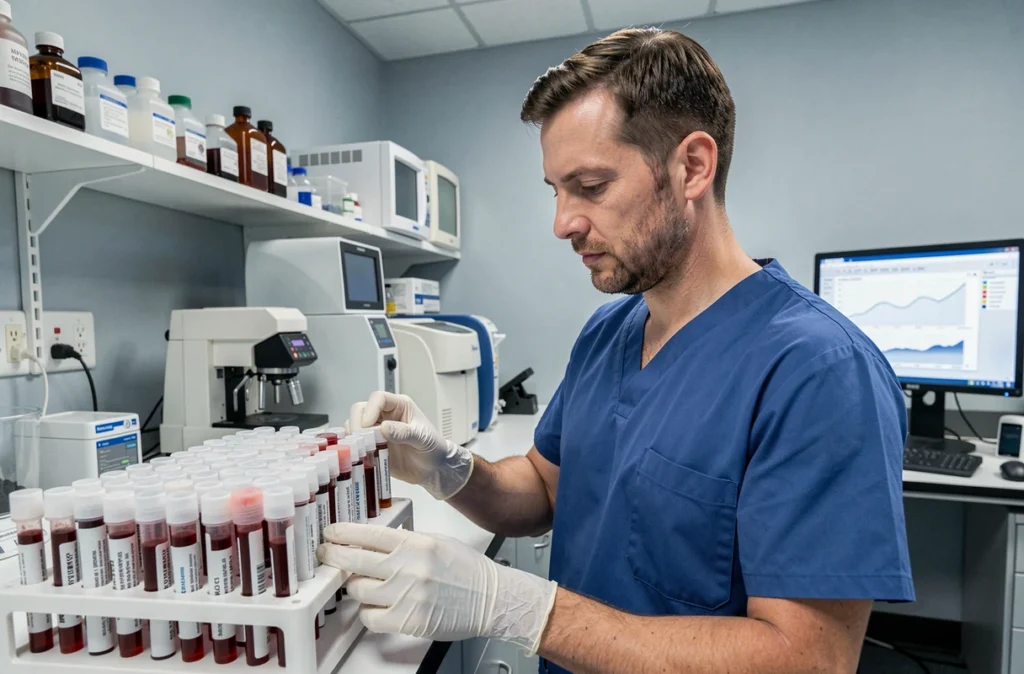 Technicien de laboratoire analysant des tubes de prélèvement sanguin pour mesurer les enzymes hépatiques comme la GGT