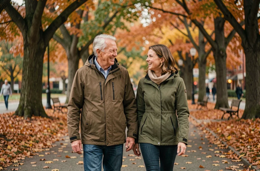Un père âgé et sa fille se promènent dans un parc en automne, symbolisant l'importance des liens intergénérationnels pour prévenir le déclin cognitif