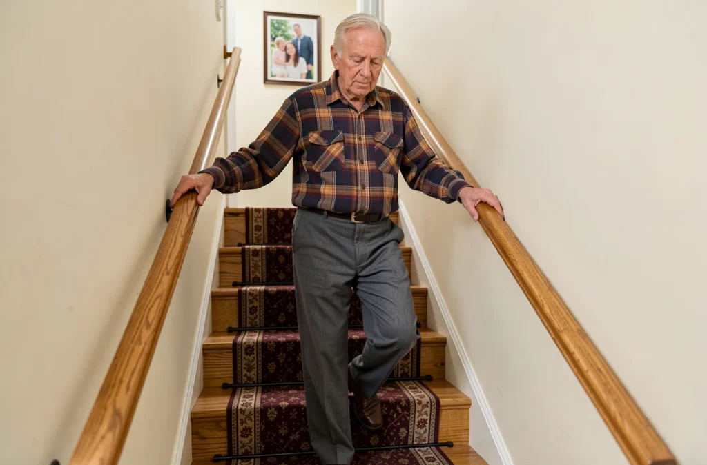 Homme âgé descendant un escalier équipé d'un main courante pour sécuriser la maison