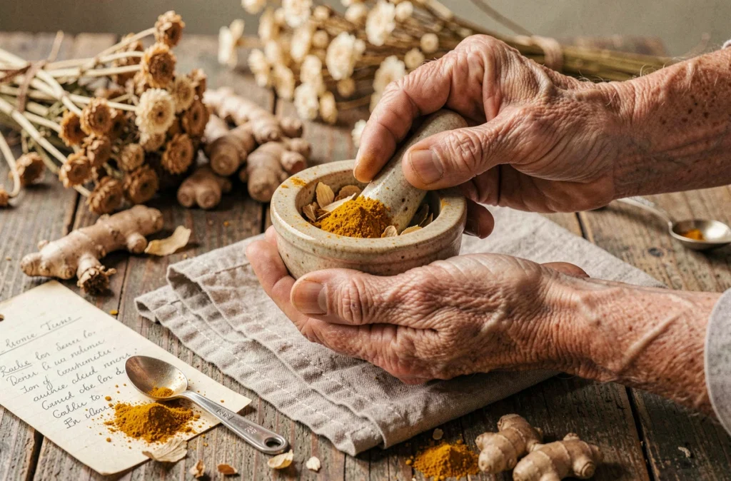 Mains de personne âgée préparant un remède à base de gingembre et curcuma pour soulager l'arthrose